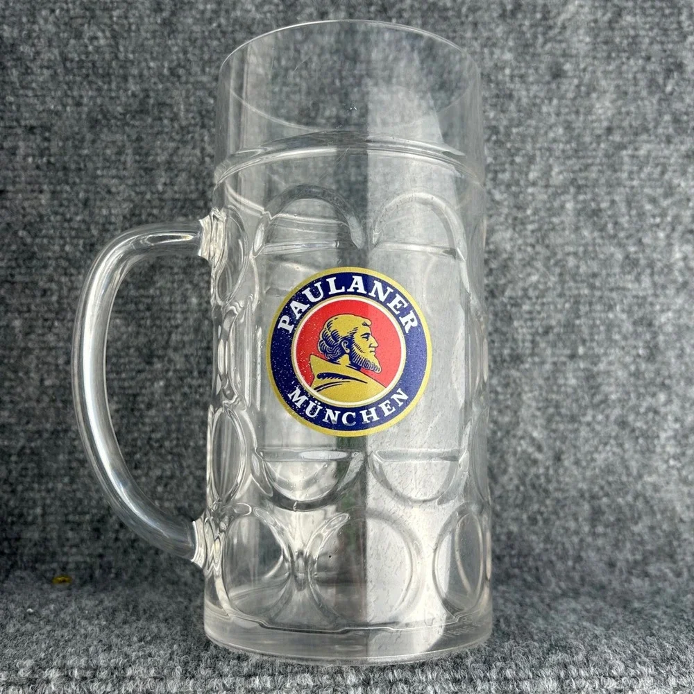 Paulaner Munchen Plastic Beer Stein Mug Made in US Deutsches Haus 90th Ann Clear